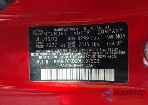 2013 Hyundai Genesis 2.0T from USA, damaged, VIN KMHHT6KD0DU107508